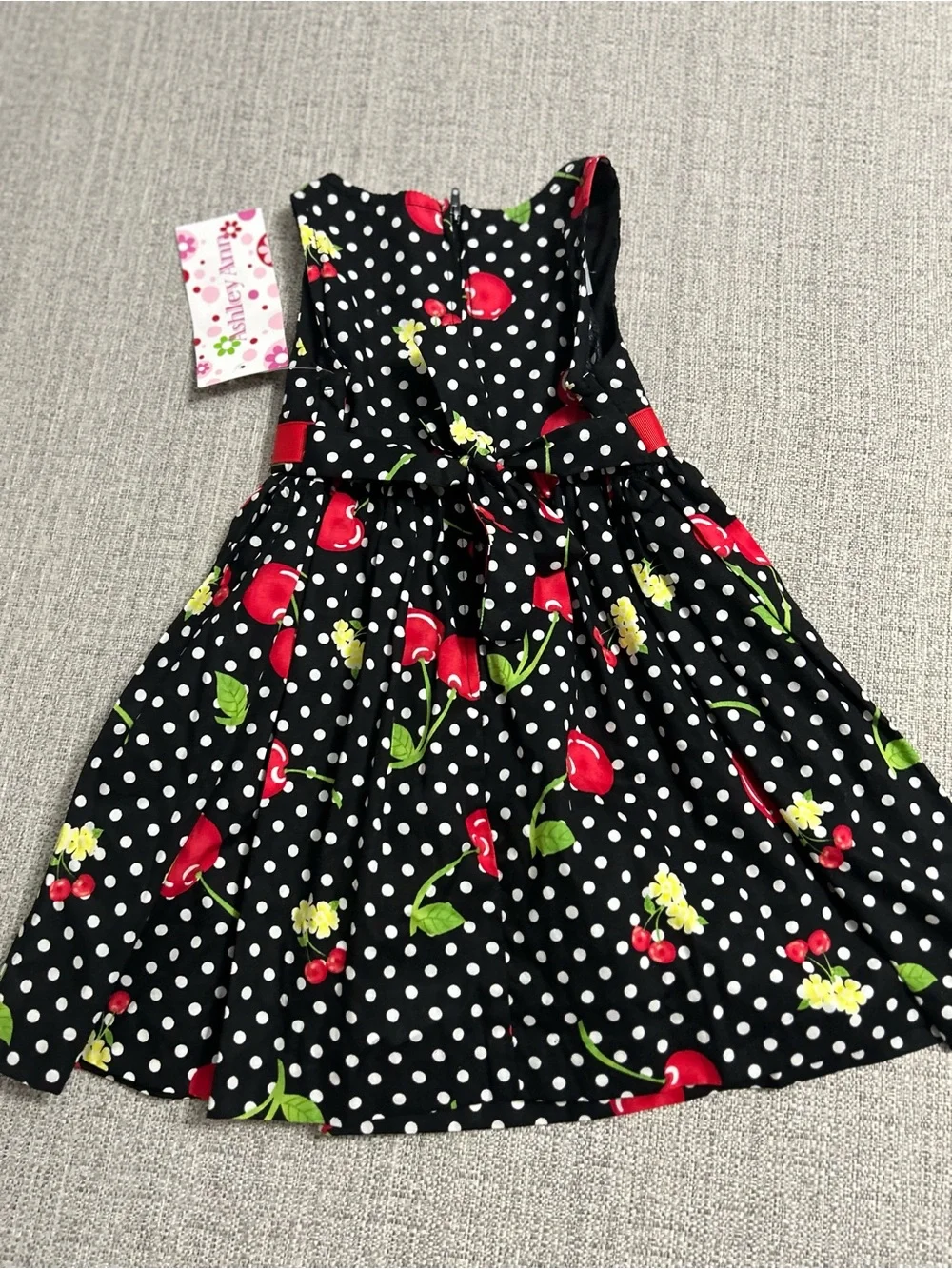Ashley Ann Black Polka Dot Dress Red Cherry Print and Yellow Flower. SZ 2T NWT